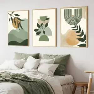Sage Green Bohemian Wall Art Nordic Abstract Plant Leaves Canvas Prints for Modern Home Decor