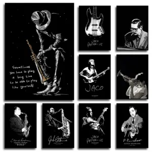 Black and White Jazz Musician Portrait Posters Jazzy Music Canvas Painting Prints Wall Art Pictures for Living Room Home Decor