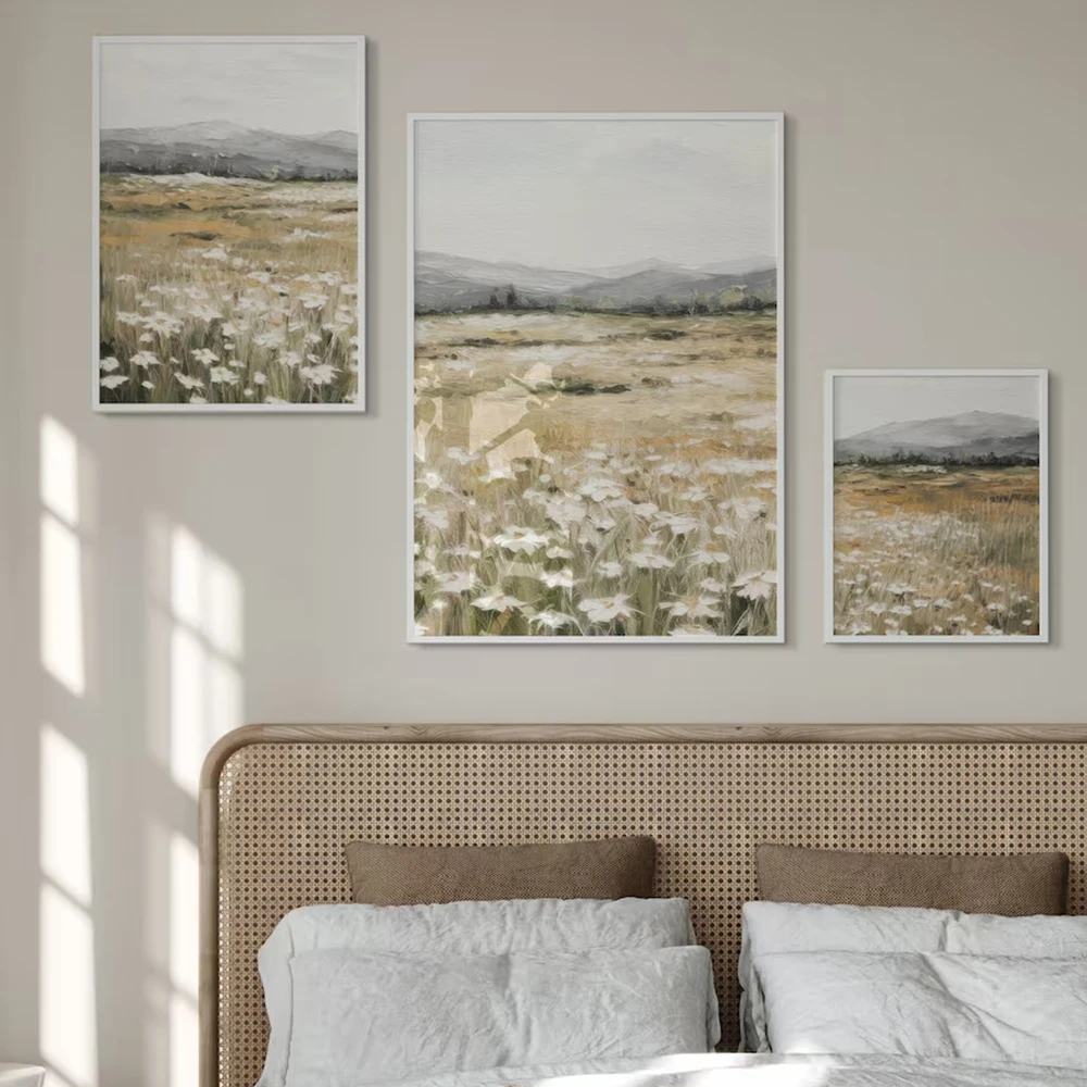 3pcs Neutral Wildflower Field Muted Country Vintage Wall Art Landscape Painting Poster Spring Living Room Bedroom Home Decor - Image 4