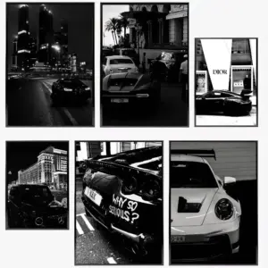 Street Luxury Car Black And White Style Poster Self-adhesive Art Waterproof Paper Sticker Coffee House Bar Room Wall Decor