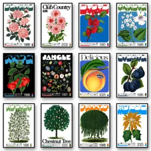 Classic Canvas Art Japanese Vintage Rose Flowers Fruits Trees Poster Mid Century Art Coffee House Bar Room Wall Decor No Frame