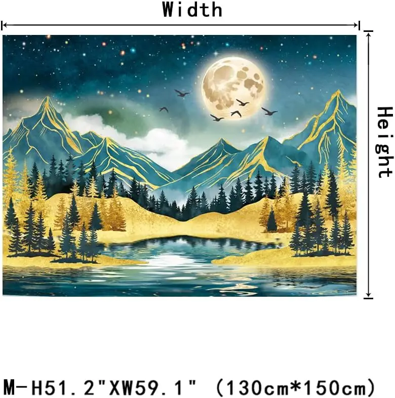 Watercolor Mountain Tapestry Starry Moon Night Tapestries Forest Trees Wall Tapestry Aesthetic Nature Landscape Wall Hanging - Image 6