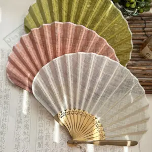 Cotton Linen Retro Fan Shell Fan Japanese Style Plain Translucent Texture Cloth Bamboo Folding Fan With Pendant Wedding Hand Fan