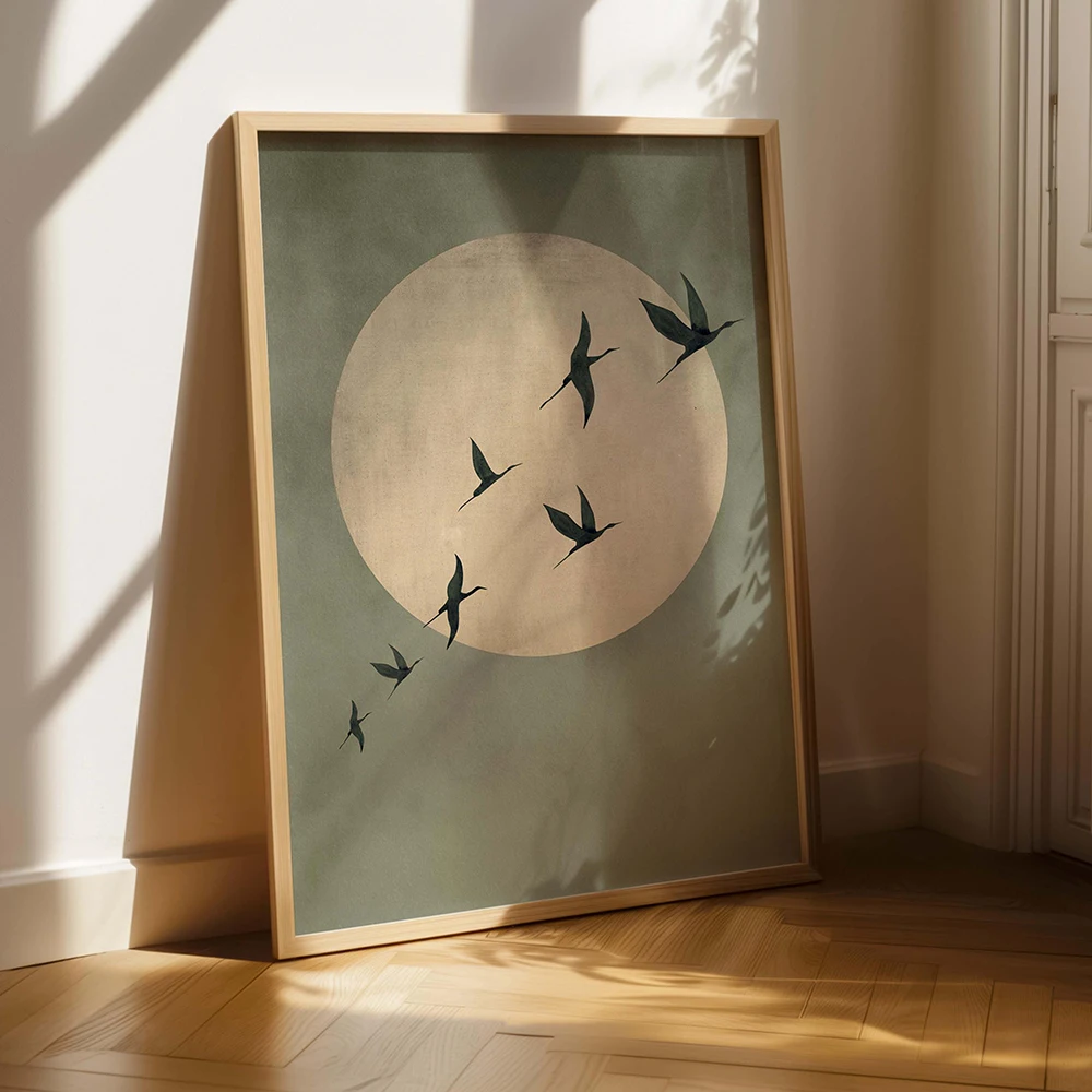 Sage Green Gold Japandi Art Print Flying Birds Wall Art Abstract Sun Art Living Room Decor Japanese Wall Art Bedroom Decor Gift - Image 3