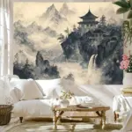 HD-Misty Mountain Peaks & Tower Tapestry - Enchanted Landscape Wall Art for Living Room, Office, Party Decor, Unique Gift Idea