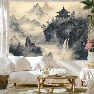 HD-Misty Mountain Peaks & Tower Tapestry - Enchanted Landscape Wall Art for Living Room, Office, Party Decor, Unique Gift Idea