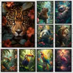 Tropical Animals Fantasy Poster Tiger Leopard Parrot in Jungle Canvas Painting Wall Prints Picture for Living Room Home Decor