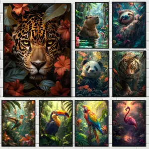 Tropical Animals Fantasy Poster Tiger Leopard Parrot in Jungle Canvas Painting Wall Prints Picture for Living Room Home Decor