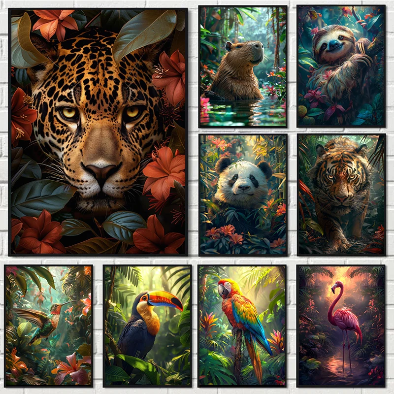 Tropical Animals Fantasy Poster Tiger Leopard Parrot in Jungle Canvas Painting Wall Prints Picture for Living Room Home Decor