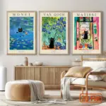 3 Frameless Canvas Prints of Famous Artists,Monet,Van Gogh,Matisse and Cat Illustrations,Classic Masterpieces and Modern Twists