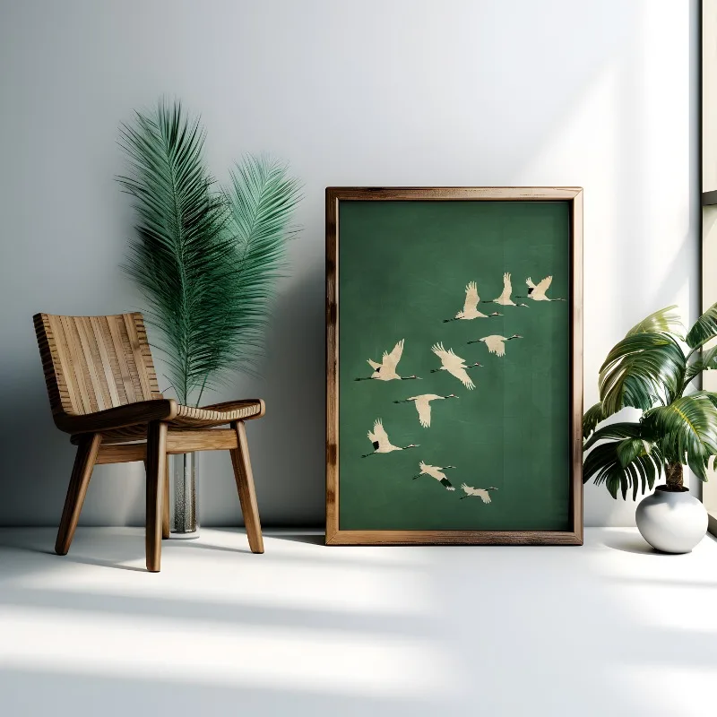 Emerald Green Cranes Poster Gold Accents Japanese Large Bird Artwork Canvas Painting Wall Art for Living Room Home Decor Gift - Image 5
