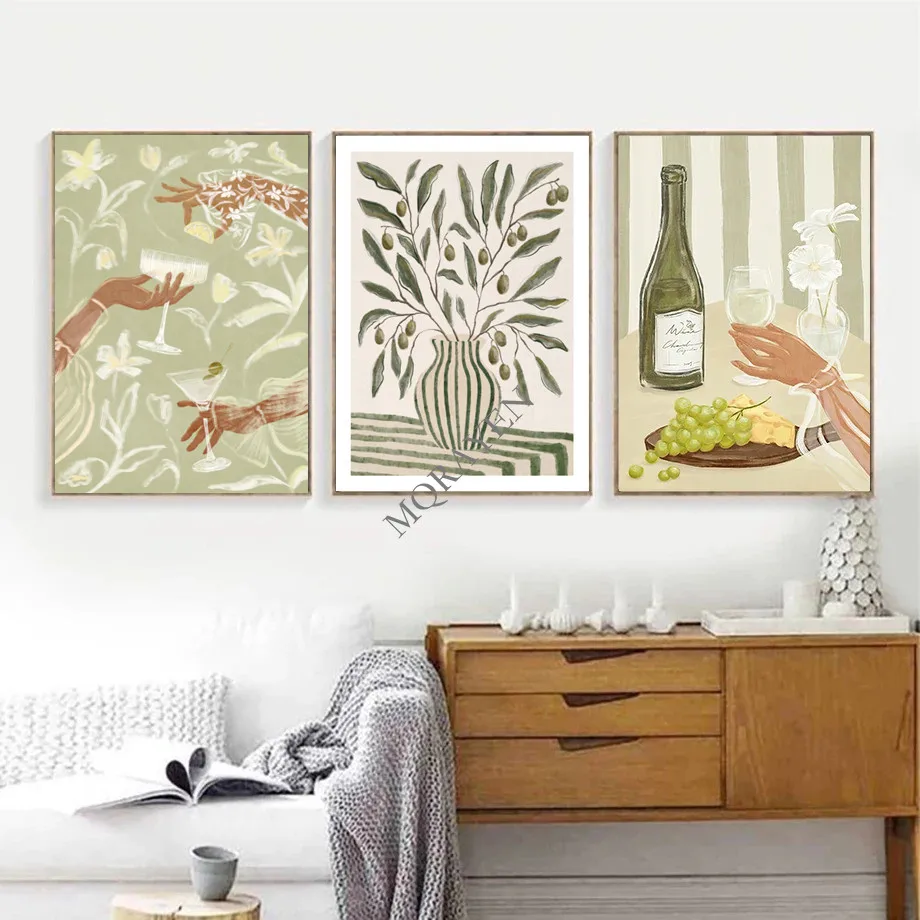 Boho Abstract Green Striped Girl Leaf Flower Poster Print Vintage Canvas Painting Hotel Bar Wall Art Pictures Living Room Decor - Image 4