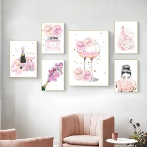 Pink Fashion Champagne Flower Watercolor Painting Canvas Prints Girls Perfume Floral Wall Pictures Nordic Posters Bedroom Decor