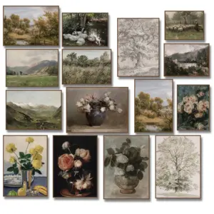 Retro European Rustic Oak Tree Forest Mountain Flower Wall Art Poster Canvas Painting Print Cottage Landscape Home Decor