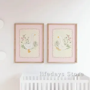 Vintage Silly Goose Floral Posters Prints Canvas Painting Animal Wall Art Pictures for Nursery Cottagecore Home Decor