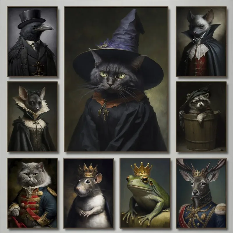 Victorian Dark Academia Witch Gothic Animals Raven Bat Rat King Black Cat Poster Canvas Painting Wall Art Pictures Home Decor
