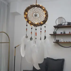 Forest Style Rattan Dream Catcher with Lights - Retro Woven Wall Hanging, Small Boho Decor & Gift