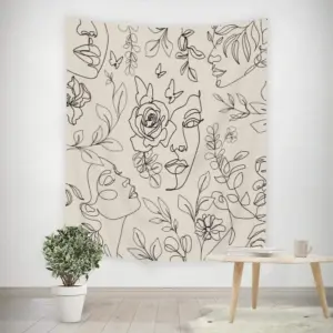 Line Art Face & Flower Wall Tapestry, Boho Minimalist Sketch Design, Elegant Home Decor for Bedroom & Living Room