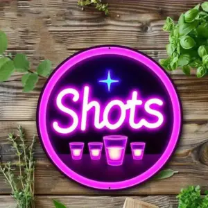 Neon Glow Metal Bar Sign "SHOTS" 7.87x7.87 Inch Wall Decor for Home Bar Party