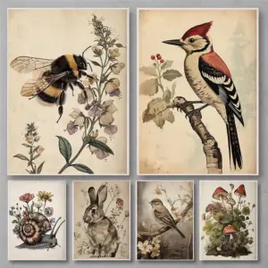 Boho Bee in Blue Flower Print Moody Lupine Bumblebee Decor Botanical Printable Dark Academia Cottagecore Wall Art Vintage Poster