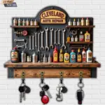 2D Flat, 1pc, Vintage Auto Repair Style Key Hook, Wooden Multi-functional Home Key Hook with Four Metal Hooks, Wall Decoration,