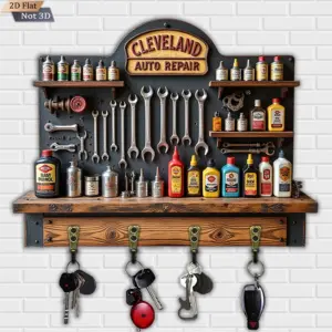 2D Flat, 1pc, Vintage Auto Repair Style Key Hook, Wooden Multi-functional Home Key Hook with Four Metal Hooks, Wall Decoration,