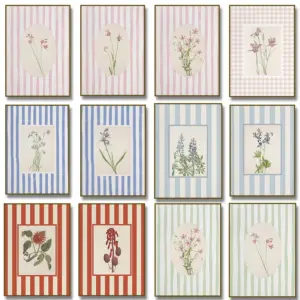 Pink Floral Blue Striped Botanical Poster Canvas Painting Print Neutral Cottagecore Wall Art Picture for Living Room Home Decor