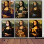 Nordic Funny Mona Lisa with Cat Bubble Poster Prints Canvas Paintings Bar Hotel Decorative Painting Mural Living Room Decor