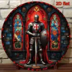 Vintage Crusader Knight Sign Stained Glass Wall Plaque 8x8 Inch Round Aluminum Art Decor