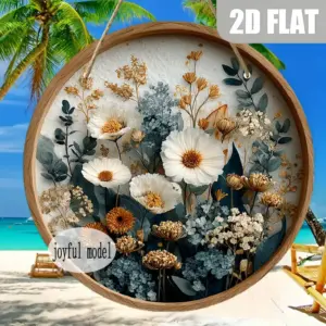 2D Flat, 1x Vintage Floral Wall Decor Sign - 8 Inch Round Rustic Farmhouse Art with White Daisies, Roses in Blue, Beige, Green -