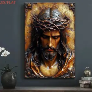Vintage Wood Print 2D Flat Jesus Portrait Canvas Wall Art Poster for Home Decor