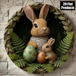 2D Flat, 1pc Vintage Easter Bunny Rabbit Wall Decor - Round Wood Board Plaque Sign Suitable for Home, Cafe, Office - Spring Summ