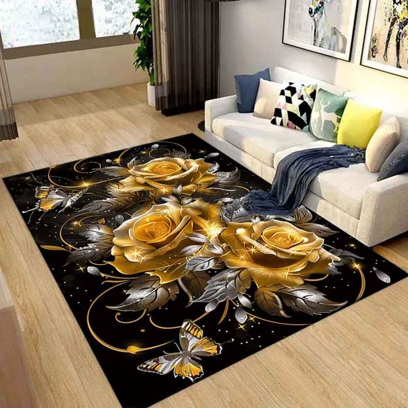 Golden Rose And Butterfly Print Flannel Rug Indoor Outdoor Soft Carpet For Living Room Garden Elegant Decor Artistic Design - Image 3
