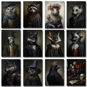 Vintage Gothic Animals Canvas Wall Art Posters, Unframed Dark Academia Owl Cat Wall Art Prints for Living Room & Bedroom Decor