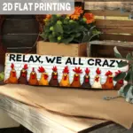 2D Flat, 1pc Funny Chicken Metal Wall Art Sign "Relax We All Crazy" Farmhouse Decor with Red Brown Rooster & Hens - Rustic Iro