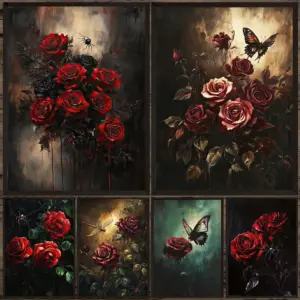 Gothic Roses,Spider And Butterfly Cryptid Oil Painting Wall Art Canvas Print,Dark Academia Botanical Floral Art Poster Print