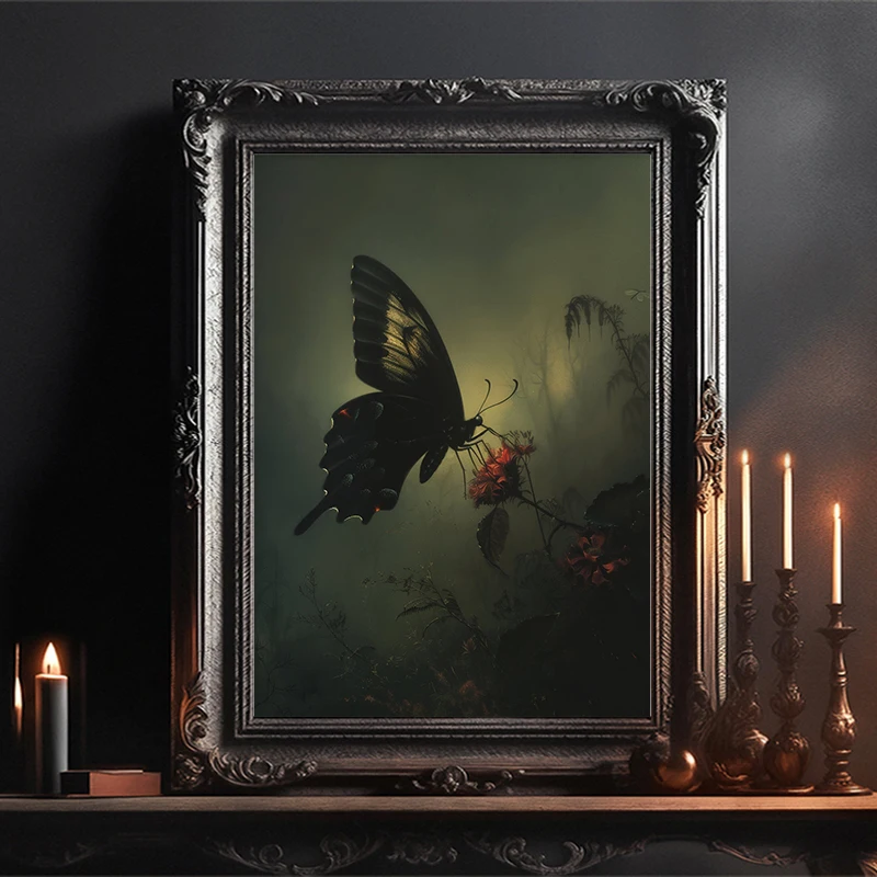1pc frameless Dark Gothic Botanical Butterfly and Moth Posters Whimsical Cottagecore Garden Prints Canvas Painting Wall Art Home - Image 3
