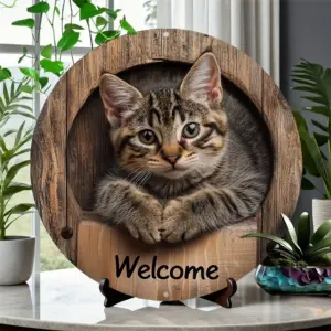2D 8in Vintage Animal Circular Welcome Sign Cat Home Tree Decora Item Animal Maine Coon Enthusiast Background Wall Accessory