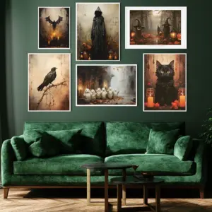Vintage Style Halloween Dark Academy Poster Print Set Gothic Witch Skull Pumpkin Ghost Canvas Painting Halloween Wall Home Decor