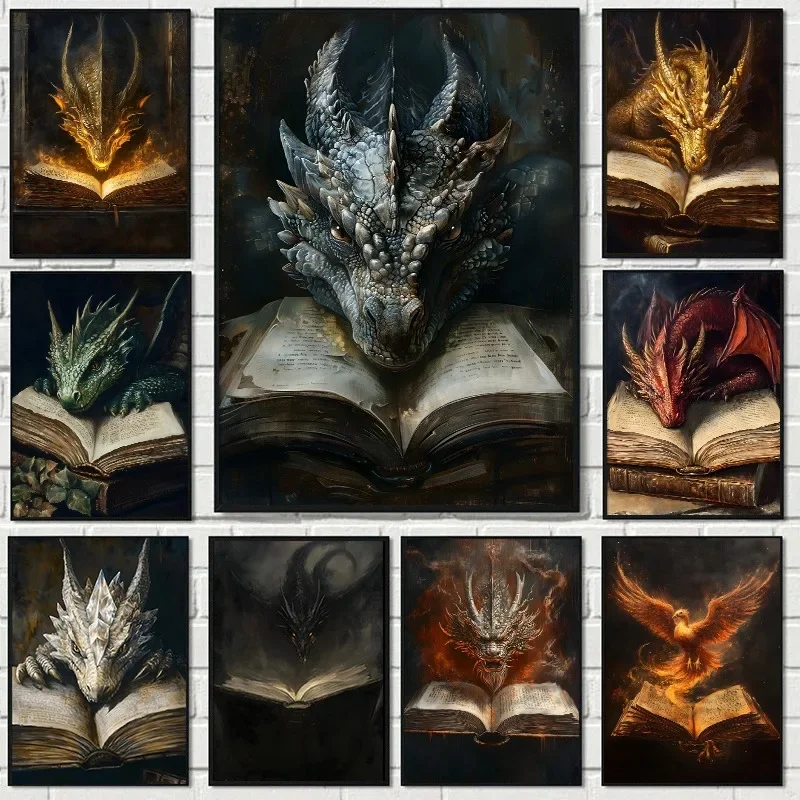 Large Dragon Reading Book Poster Gothic Animal Dragoncore Canvas Painting Fantasy Wall Art for Dark Academia Room Home Decor