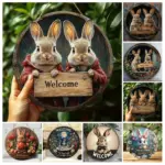 2D Rural Circular Wooden Sign, Rabbit Welcome Home Theme, Suitable for Home, Living Room, Office, Bar, Caf É, Porch Decoration