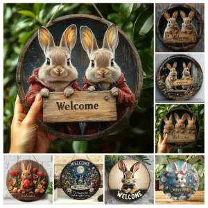 2D Rural Circular Wooden Sign, Rabbit Welcome Home Theme, Suitable for Home, Living Room, Office, Bar, Caf É, Porch Decoration