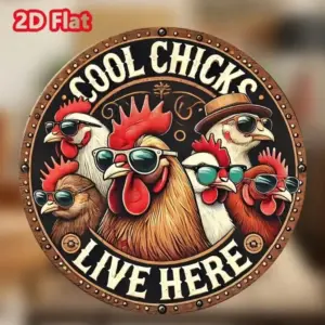 Brand Chicken Coop Sign, 20x20cm Round Vintage Metal "A Cool Chick Lives Here" Iron Wall Decor, Farmhouse,Home,Kitchen,Bathroom,