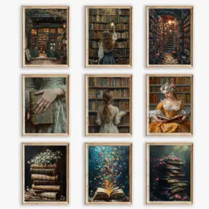 Vintage Bookstore Dark Academia Floral Witchy Book Flower Poster Canvas Painting Bookish Wall Art for Library Room Home Decor