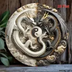 Yin Yang Dragons Metal Sign-Round Iron Wall Art with Floral Wreath Design,2D Printed Hanging Decor for Living Room Bedroom Porch