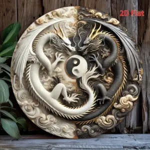 Yin Yang Dragons Metal Sign-Round Iron Wall Art with Floral Wreath Design,2D Printed Hanging Decor for Living Room Bedroom Porch