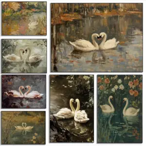 Swan Couple Canvas Print Romantic Vintage Swan Painting Lovers Wall Art for Bedroom Rustic Farmhouse Decor in Cottagecore Style