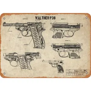 Walther P38 Tin Sign Vintage Metal Wall Decor Retro 8x12 Inch Military Memorabilia