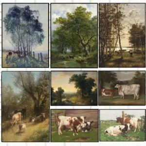 Vintage Rural Antique Animals Poster Cows in The Forest and Pasture Canvas Painting Farmhouse Wall Art Picture Office Home Decor