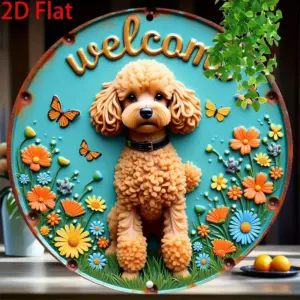 8in Round Wooden Disc Plate 2D Flat Poodle Design with Colorful Flowers Butterflies Garage And Doghouse Detail for Warm Decor